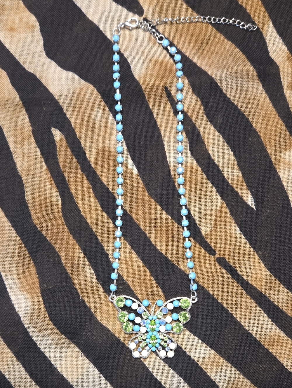 Butterfly Pendant Necklace with Blue and Green Crystals
